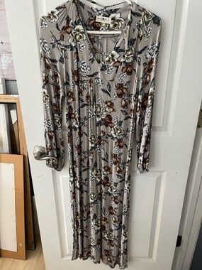 NATURAL LIFE Taupe Floral Ribbeduu Long Sleeve Maxi Dress